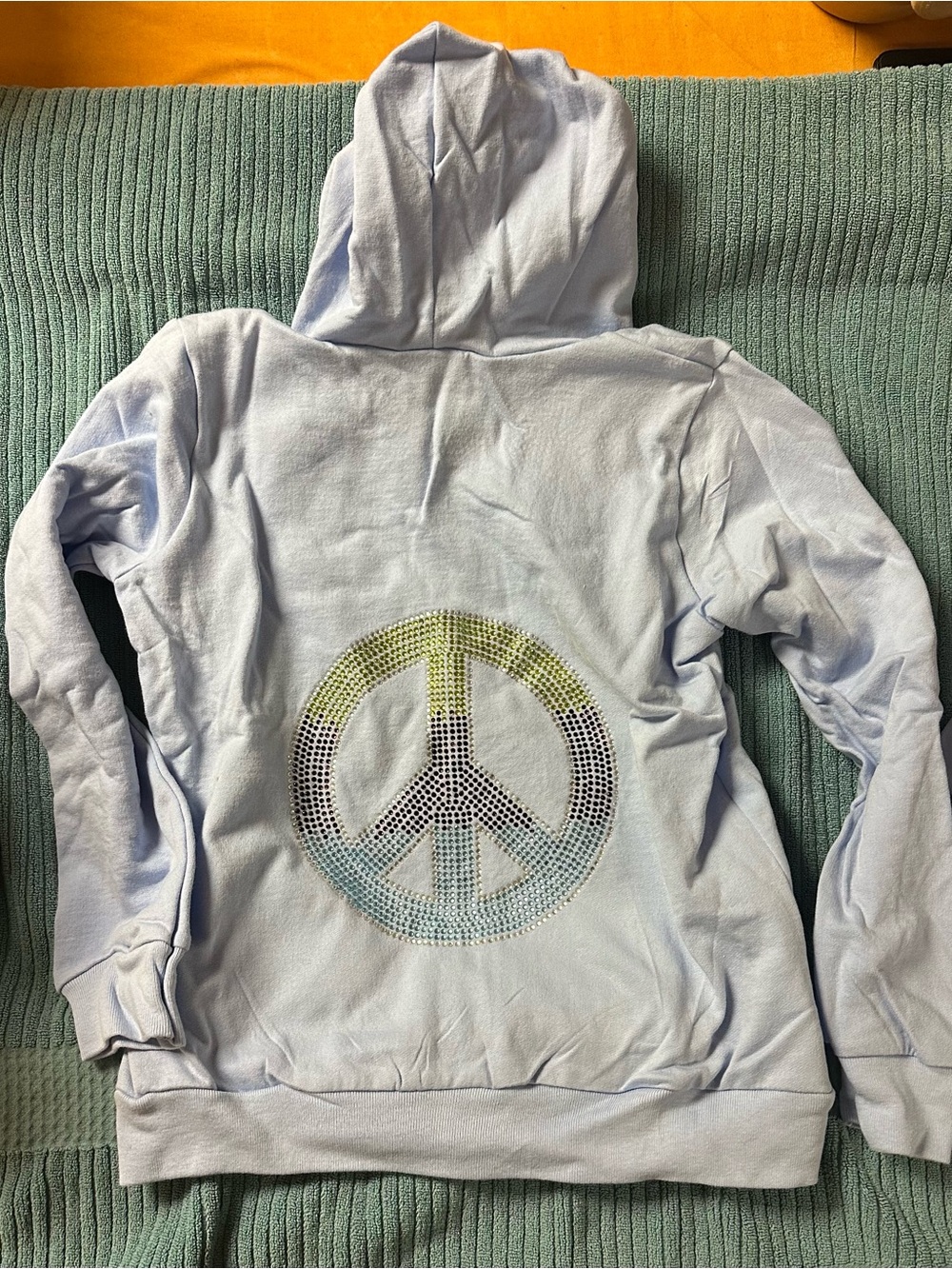 American Apparel Light Blue Girls zipper Hoodie with Rhinestone Peace Sign